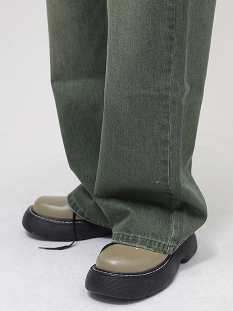 Loose Straight Washed Green Frayed Jeans