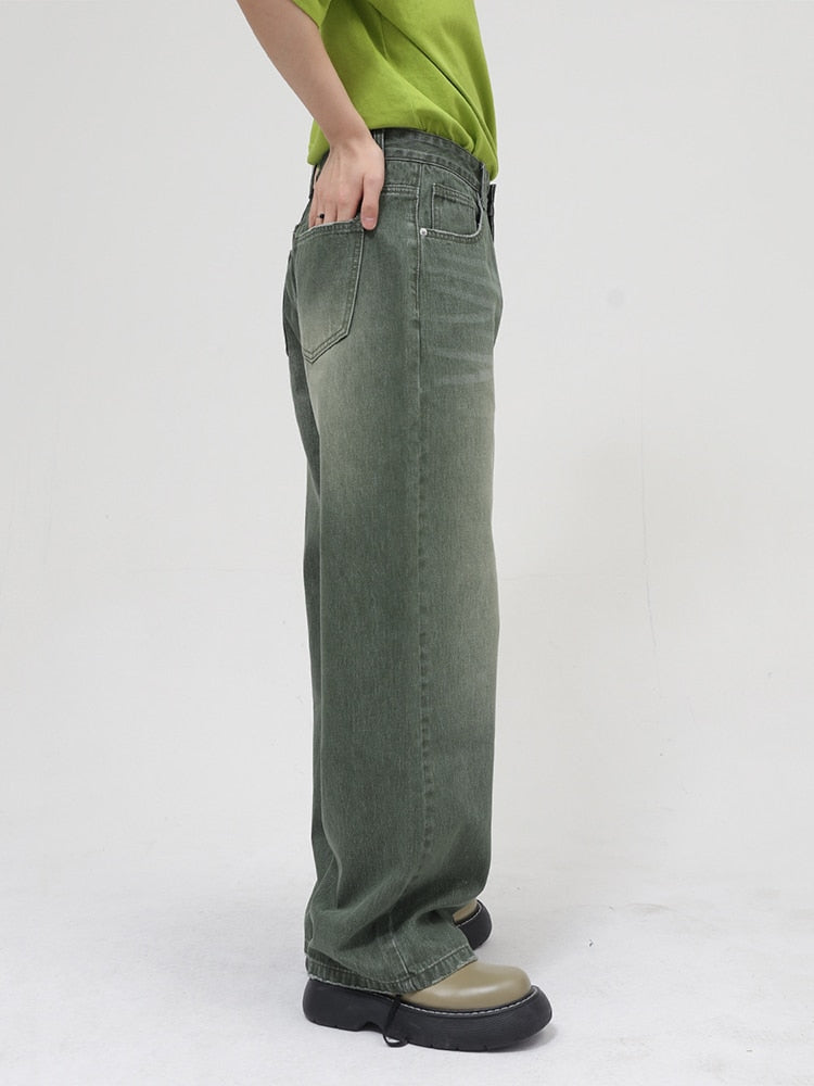 Loose Straight Washed Green Frayed Jeans