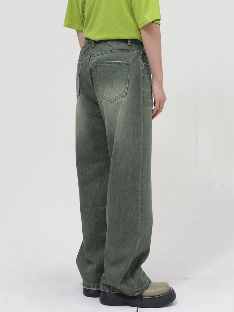 Loose Straight Washed Green Frayed Jeans