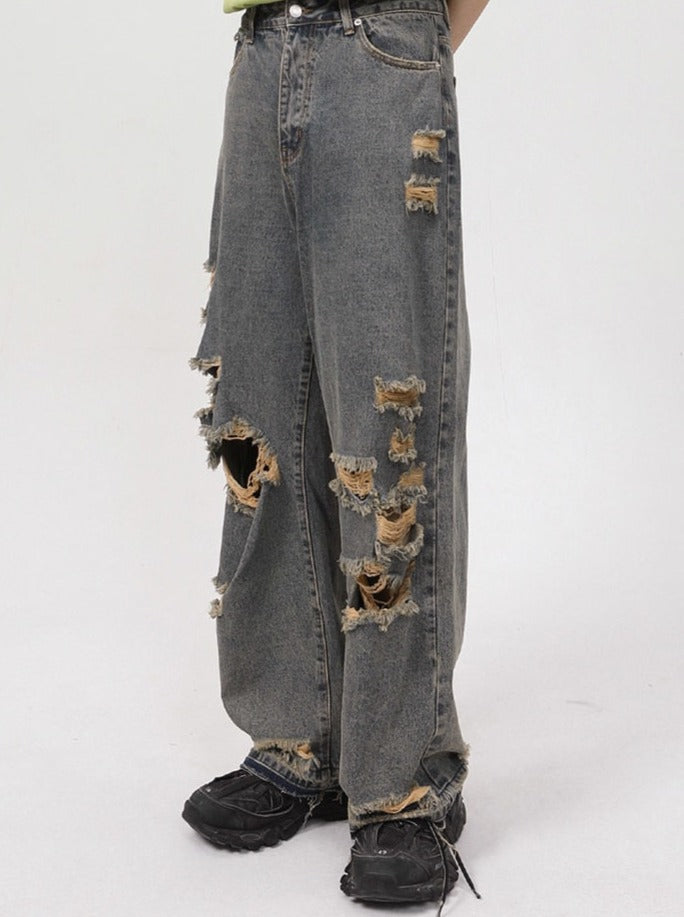 Orbital Distressed Wide Leg Faded Jeans