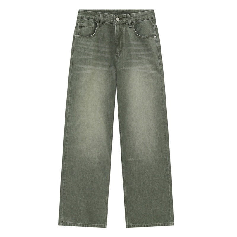 Loose Straight Washed Green Frayed Jeans