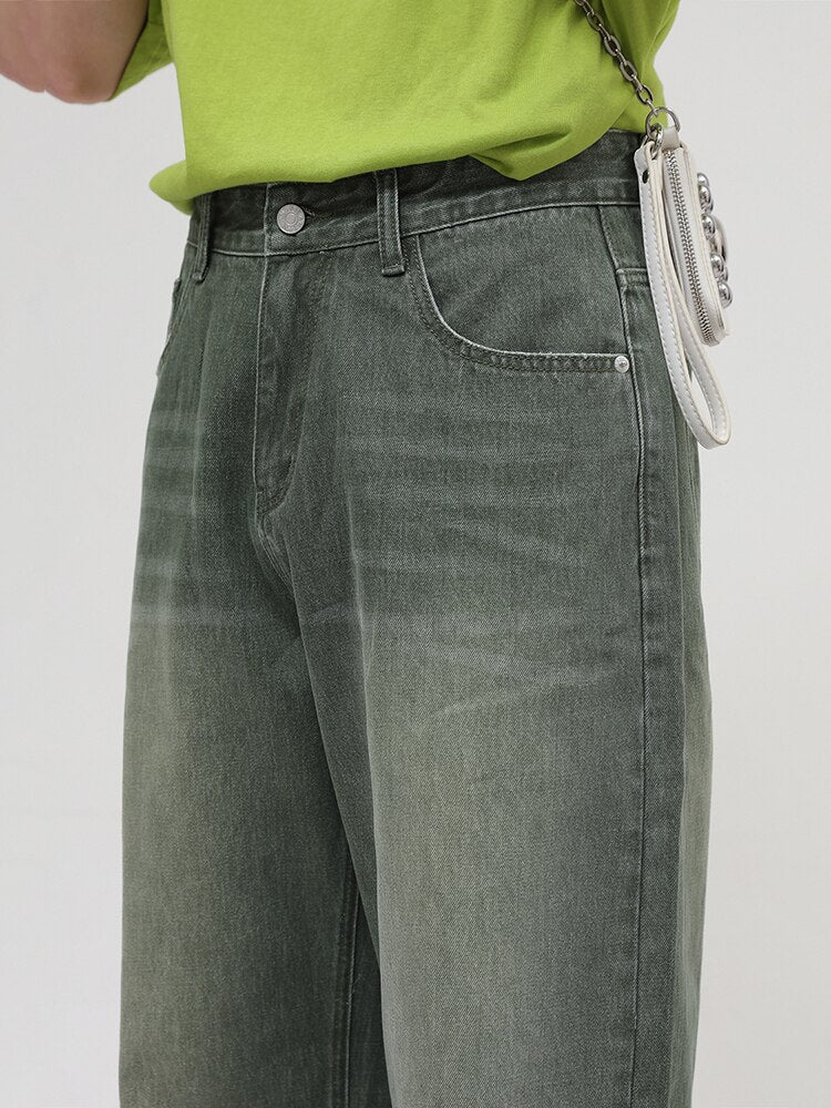 Loose Straight Washed Green Frayed Jeans