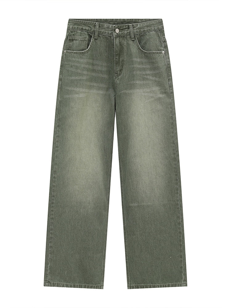 Loose Straight Washed Green Frayed Jeans